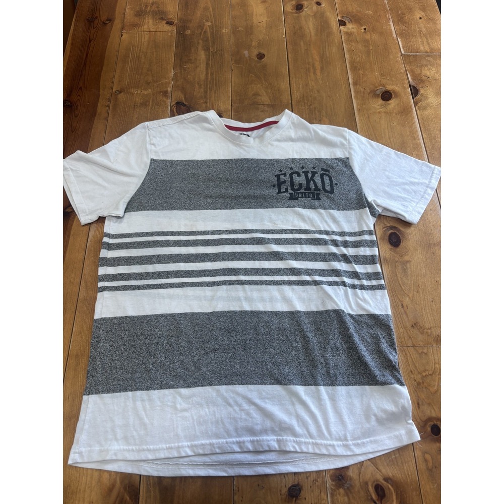 Ecko Unltd. Men's XL White Gray Striped Graphic T-Shirt Short Sleeve Crew Neck